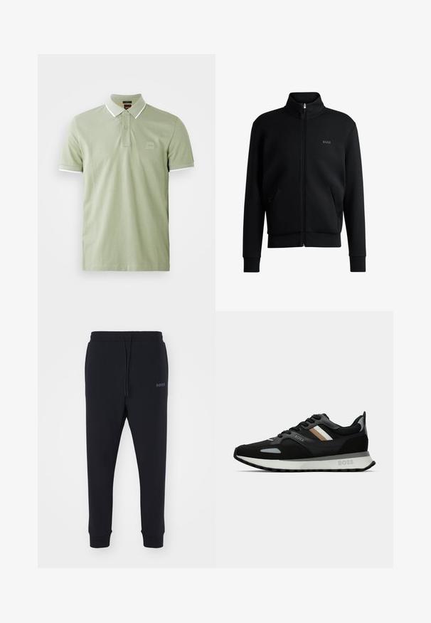Svart glidelås sweatshirt med høy krage, ribbede mansjetter og sidelommer. Har en subtil "BOSS"-logo på venstre bryst. Glatt stoff.; Lys grønn polo skjorte laget av bomull, har en klassisk krage, to-knapps placket, og hvit trim på kragen og ermene. Firkantet logo på brystet.; Sorte sweatsbukser laget av mykt materiale med elastisk midjebånd, snor og avsmalnende bein. Har et lite logo på siden.; Svart løpetreningssko med teksturert overflate, lysegrå detaljer og tre horisontale striper i brunt. Har en hvit polstret såle.