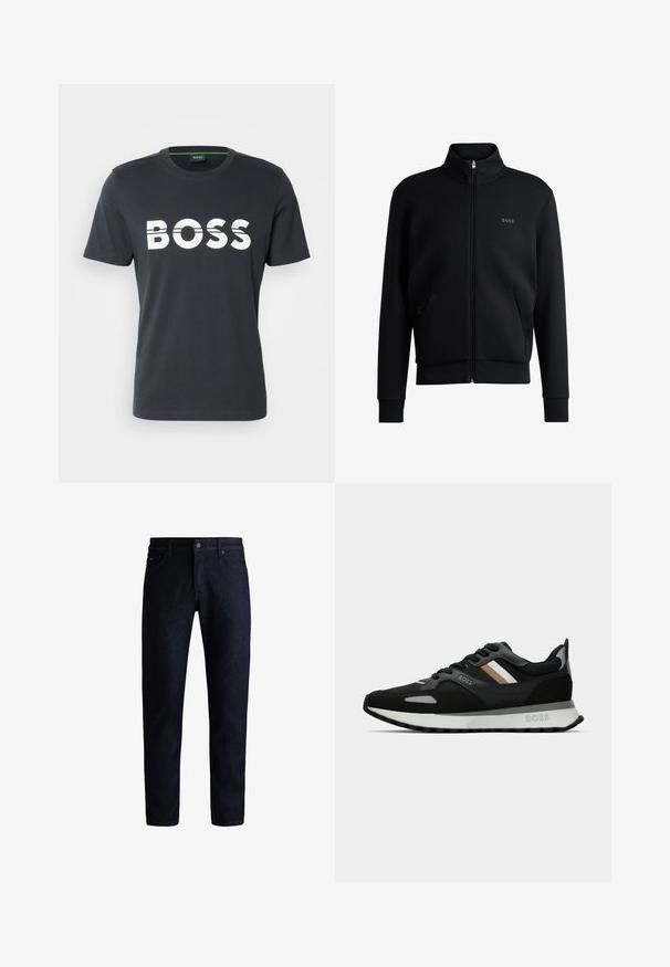 Čierna mikina na zips s vysokým golierom, elastickými manžetami a bočnými vreckami. Obsahuje jemné logo "BOSS" na ľavej hrudi. Hladká tkanina.; BOSS TEE - Tričko s potlačou - dark blue; Tmavomodré džíny vyrobené z denimu s klasickým piatich vreciek, strihom s rovnými nohavicami a jemnou textúrou. Zatváranie na kovový gombík v páse.; Čierna bežecká obuv s textúrovaným povrchom, svetlošedými akcentmi a tromi horizontálnymi pruhmi v hnedej farbe. Obsahuje bielu polstrovanú podrážku.