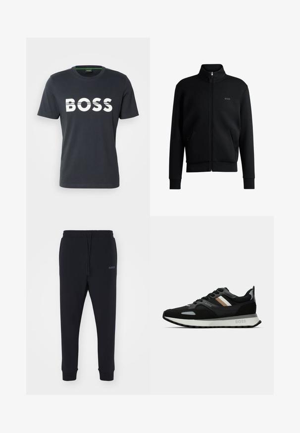 Sweatshirt preto com fecho e colar alto, punhos canelados e bolsos laterais. Apresenta um discreto logótipo "BOSS" no lado esquerdo do peito. Tecido suave.; BOSS TEE - T-shirt estampada - dark blue; Calças de fato pretas feitas de material macio, com uma cintura elástica, cordão e pernas ajustadas. Apresenta um pequeno logotipo de lado.; Shoe de corrida preto com uma superfície texturizada, detalhes cinza claro e três riscas horizontais em castanho. Apresenta uma sola branca acolchoada.