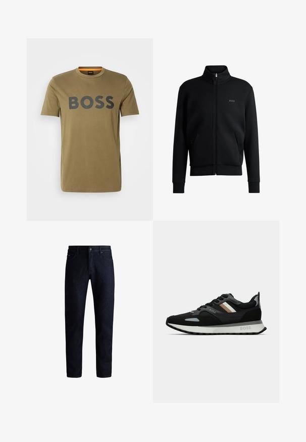 Juodas zip-up megztinis su aukštu apykakle, raukiniais ant rankovių ir šoninėmis kišenėmis. Kairėje krūtinės pusėje yra subtilus "BOSS" logotipas. Lygus audinys.; Alyvinės green spalvos medvilnės marškinėliai su apvalia apykakle, ant kurių krūtinės yra didelis juodas "BOSS" logotipas ir trumpomis rankovėmis.; Tamsiai mėlynos džinsinės kelnės su klasikiniu penkių kišenių dizainu, tiesiomis kojarankomis ir subtilia tekstūra. Metalinis mygtuko užsegimas juosmens srityje.; Juodas bėgimo batelis su struktūrizuota paviršiumi, šviesiai pilkomis akcentais ir trimis horizontaliosiomis rudo atspalvio juostomis. Savyje turi baltą paminkštintą padu.