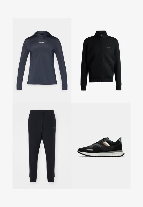 Μαύρο φερμουάρ φούτερ με υψηλό λαιμό, ριγωτούς καρπούς και πλαϊνές τσέπες. Διαθέτει μια διακριτική λογότυπο "BOSS" στο αριστερό στήθος. Λείο ύφασμα.; Ναυτικό φούτερ με μακριά μανίκια, φτιαγμένο από ελαφρύ και απαλό υλικό. Διαθέτει κουκούλα με κορδόνι και τη λέξη "BOSS" τυπωμένη στα λευκά στο στήθος.; Μαύρες φόρμες από μαλακό υλικό με ελαστική μέση, κορδόνι και κνήμες που στενεύουν. Διαθέτουν ένα μικρό λογότυπο στο πλάι.; Μαύρο αθλητικό παπούτσι με υφασμάτινη επιφάνεια, ανοιχτό γκρι λεπτομέρειες και τρεις οριζόντιες ρίγες σε καφέ χρώμα. Διαθέτει λευκή μαλακή σόλα.