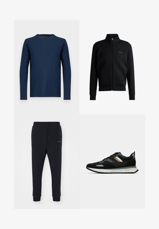 Hanorac negru cu fermoar, cu guler înalt, manșete cu striație și buzunare laterale. Prezintă un logo discret "BOSS" pe pieptul stâng. Material neted.; Tricou cu mânecă lungă într-o nuanță albastru închis, realizat din bumbac moale, cu guler rotund și un detaliu subtil al logo-ului pe piept. Textură fină, croială lejeră.; Pantaloni sport negri dintr-un material moale, cu talie elastică, șnur de ajustare și picioare conice. Prezintă un mic logo pe lateral.; Adidași de alergare negri cu o suprafață texturată, accente gri aprins și trei dungi orizontale maro. Dispun de o talpă albă pufoasă.
