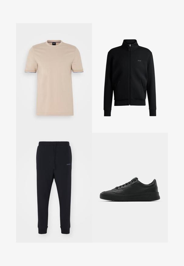 Sweatshirt preto com fecho e colar alto, punhos canelados e bolsos laterais. Apresenta um discreto logótipo "BOSS" no lado esquerdo do peito. Tecido suave.; T-shirt de algodão bege com decote redondo e mangas curtas. Apresenta detalhes em riscas nas cores azul-escuro, branco e castanho nas extremidades das mangas.; Calças de fato pretas feitas de material macio, com uma cintura elástica, cordão e pernas ajustadas. Apresenta um pequeno logotipo de lado.; Sapatilha preta com parte superior em couro liso, bico arredondado, cadarços planos, colarinho almofadado e design minimalista. Sola de borracha com padrão de tração discreto.