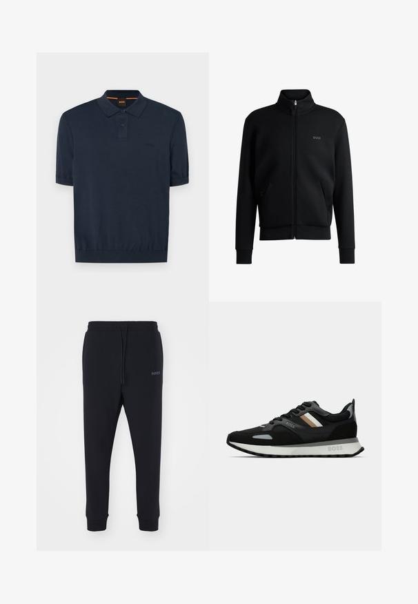 Sweatshirt preto com fecho e colar alto, punhos canelados e bolsos laterais. Apresenta um discreto logótipo "BOSS" no lado esquerdo do peito. Tecido suave.; Polo de cor azul-marinho com mangas curtas, feito de uma mistura de algodão. Apresenta uma pala de dois botões e um logótipo bordado no peito.; Calças de fato pretas feitas de material macio, com uma cintura elástica, cordão e pernas ajustadas. Apresenta um pequeno logotipo de lado.; Shoe de corrida preto com uma superfície texturizada, detalhes cinza claro e três riscas horizontais em castanho. Apresenta uma sola branca acolchoada.