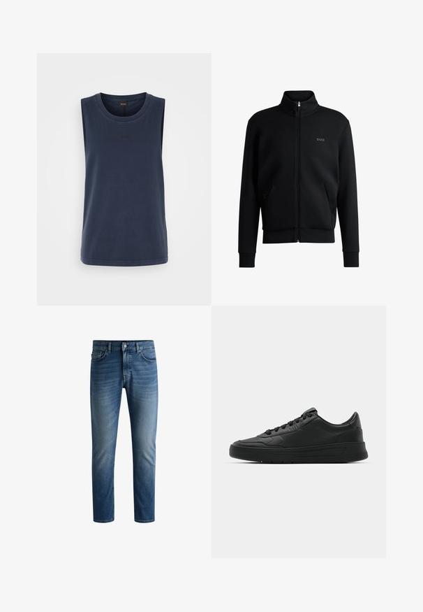 Μαύρο φερμουάρ φούτερ με υψηλό λαιμό, ριγωτούς καρπούς και πλαϊνές τσέπες. Διαθέτει μια διακριτική λογότυπο "BOSS" στο αριστερό στήθος. Λείο ύφασμα.; Ναυτικό μπλε αμάνικο μπλουζάκι φτιαγμένο από βαμβάκι. Διαθέτει στρογγυλή λαιμόκοψη και ένα διακριτικό λογότυπο "BOSS" στο κέντρο μπροστά. Ομαλή υφή.; Σκούρο μπλε τζιν παντελόνι με ίσια γραμμή, πέντε τσέπες, ελαφριά φθορά στους μηρούς και ένα κουμπί κλεισίματος στη μέση.; Μαύρο αθλητικό παπούτσι με λείο δέρμα, στρογγυλή μύτη, επίπεδα κορδόνια, μαξιλαρωμένο κολάρο και μινιμαλιστικό σχέδιο. Καουτσούκ σόλα με ήπιο μοτίβο πρόσφυσης.