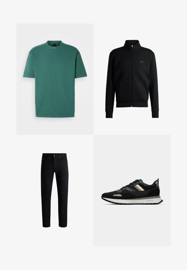 Črna zip-up pulover s visokim ovratnikom, rebrastimi manšetami in stranskimi žepi. Ima subtilno logo "BOSS" na levem prsnem delu. Gladka tkanina.; Zeleni kratko rokav T-shirt iz bombaža, z rebrastim okroglim izrezom in subtilnimi poudarki na ramenih. Minimalistična zasnova brez vzorcev.; Črne slim-fit kavbojke z vsemi petimi žepi, zapiranjem na gumb in zankami za pas, prikazane na beli podlagi.; Črne tekaške čevlje z teksturirano površino, svetlo sivi poudarki in tremi vodoravnimi črtami v rjavi barvi. Imajo belo oblazinjeno podplat.