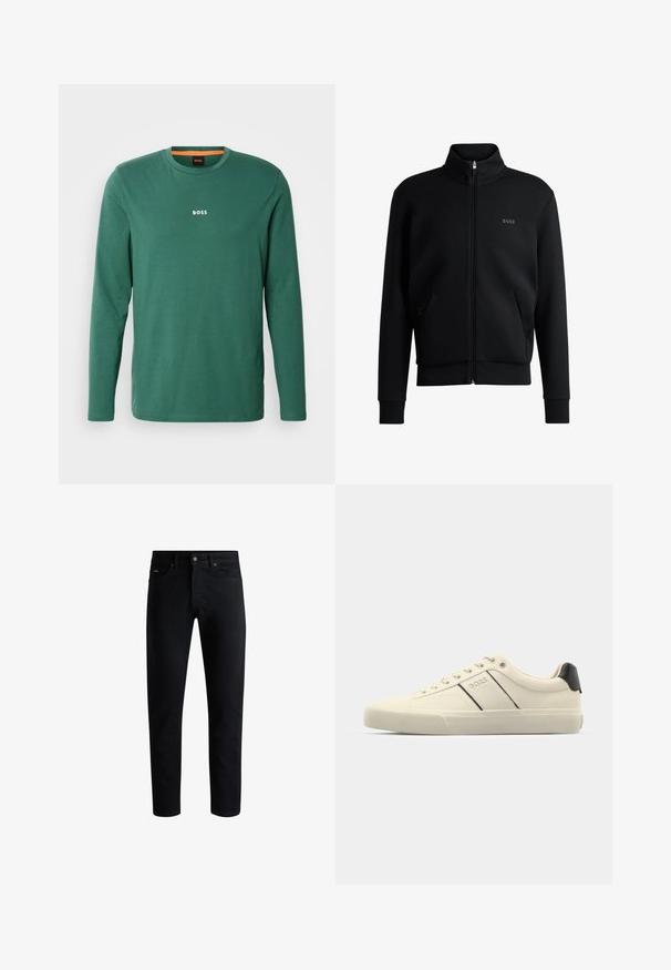 Schwarze Zip-up-Pulloverjacke mit hohem Kragen, gerippten Bündchen und Seitentaschen. Verfügt über ein dezentes "BOSS"-Logo auf der linken Brust. Glatter Stoff.; Langarm-T-Shirt in Grün aus Baumwolle mit Rundhalsausschnitt, das ein weißes "BOSS"-Logo auf der Brust und orangefarbene Details am inneren Kragen aufweist.; Schwarze Slim-Fit-Jeans mit fünf Taschen, Knopfverschluss und Gürtelschlaufen, vor einem weißen Hintergrund präsentiert.; Cremfarbene Sneaker mit glatter Oberfläche, die schwarze Akzente und Markenlogo aufweisen. Klassisches Schnürdesign mit runder Zehenform und Gummisohle.