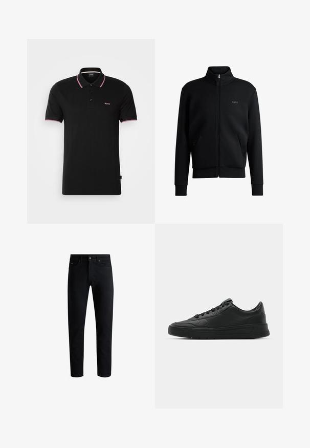 Černá mikina na zip s vysokým límcem, žebrovanými manžetami a bočními kapsami. Na levé straně hrudi je diskrétní logo "BOSS". Hladká tkanina.; Černé polo tričko vyrobené z bavlny s lištou na tři knoflíky, růžovým límcem a akcenty na rukávech a malým fialovým logem na hrudi.; Černé slim-fit džíny s pěti kapsami, zapínáním na knoflík a poutek na opasek, vystavené na bílém pozadí.; Černé tenisky s hladkým koženým svrškem, kulatou špičkou, plochými tkaničkami, polstrovaným límcem a minimalistickým designem. Gumová podrážka s jemným vzorkem.