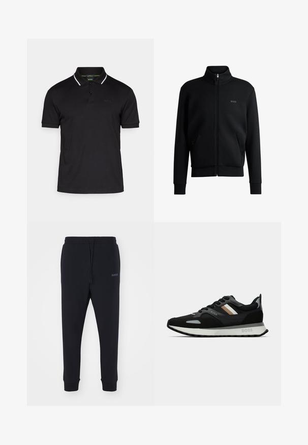 Sweatshirt preto com fecho e colar alto, punhos canelados e bolsos laterais. Apresenta um discreto logótipo "BOSS" no lado esquerdo do peito. Tecido suave.; Pólo preto ajustado com mangas curtas, aba de dois botões, faixa branca na borda do colarinho e logótipo "BOSS" em relevo discreto no peito.; Calças de fato pretas feitas de material macio, com uma cintura elástica, cordão e pernas ajustadas. Apresenta um pequeno logotipo de lado.; Shoe de corrida preto com uma superfície texturizada, detalhes cinza claro e três riscas horizontais em castanho. Apresenta uma sola branca acolchoada.