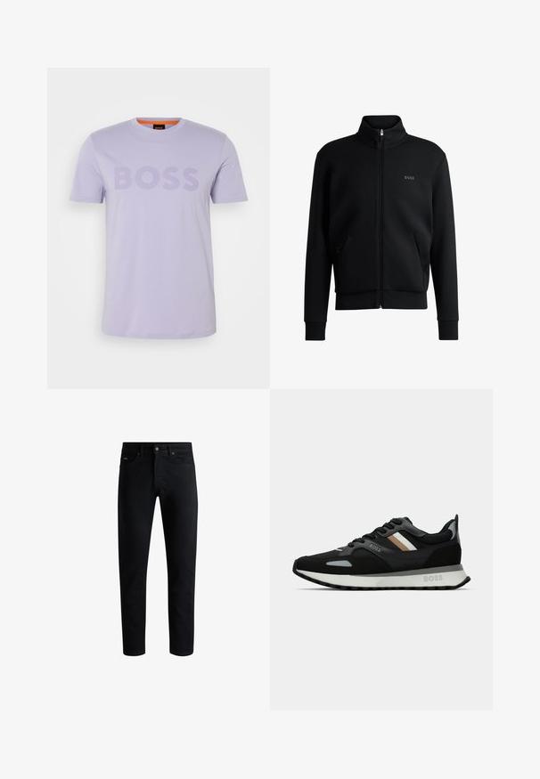 Crni zip-up dukserica s visokim ovratnikom, rebrastim manžetama i bočnim džepovima. Sadrži suptilan "BOSS" logo na lijevoj strani prsnog koša. Glatka tkanina.; Ljubičasta pamučna majica s kratkim rukavima i okruglim izrezom, s riječju "BOSS" istaknutom u većem fontu na prsima.; Crne uske traperice s pet džepova, zatvaranjem na gumb i petljicama za remen, prikazane na bijeloj pozadini.; Crne trkačke tenisice s teksturiranom površinom, svijetlosivim akcentima i tri horizontalne pruge u smeđoj boji. Imaju bijelu podstavljenu potplat.