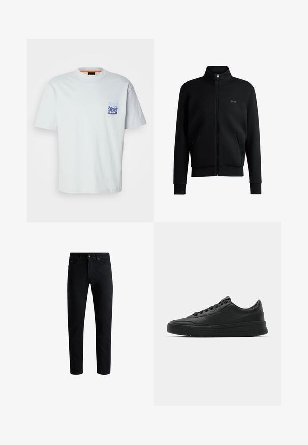 Černá mikina na zip s vysokým límcem, žebrovanými manžetami a bočními kapsami. Na levé straně hrudi je diskrétní logo "BOSS". Hladká tkanina.; Bílé tričko s krátkým rukávem z bavlny, s malým modrým potiskem kapsičky s designem hor a názvem značky "BOSS."; Černé slim-fit džíny s pěti kapsami, zapínáním na knoflík a poutek na opasek, vystavené na bílém pozadí.; Černé tenisky s hladkým koženým svrškem, kulatou špičkou, plochými tkaničkami, polstrovaným límcem a minimalistickým designem. Gumová podrážka s jemným vzorkem.