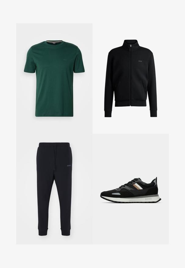 Sweatshirt preto com fecho e colar alto, punhos canelados e bolsos laterais. Apresenta um discreto logótipo "BOSS" no lado esquerdo do peito. Tecido suave.; BOSS THOMPSON - T-shirt básica - open green; Calças de fato pretas feitas de material macio, com uma cintura elástica, cordão e pernas ajustadas. Apresenta um pequeno logotipo de lado.; Shoe de corrida preto com uma superfície texturizada, detalhes cinza claro e três riscas horizontais em castanho. Apresenta uma sola branca acolchoada.