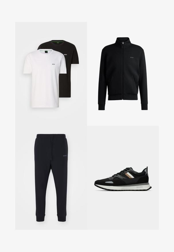 Fekete zipzáras kapucnis pulóver magas gallérral, bordázott mandzsettákkal és oldalsó zsebekkel. Diszkrét "BOSS" logó található a bal melbimen. Simább anyag.; Két pamut póló fekete és fehér színben, kerek nyakkivágással és egy kis logóval a mellrészen. Mindkét pólón rövid ujj található és egyenes szabású.; Fekete melegítőnadrág, puha anyagból, elasztikus derékkal, zsinórral és szűkülő lábakkal. Oldalt egy kis logó található.; Fekete futócipő, texturált felülettel, világosszürke díszítésekkel és három északi csíkkal barnában. Fehér párnázott talpával rendelkezik.