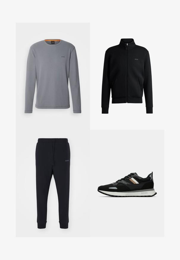 Svart zip-up sweatshirt med hög krage, ribbade manschetter och sidofickor. Har en diskret "BOSS"-logotyp på vänster bröst. Slätt tyg.; BOSS TEMPESTO - Långärmad tröja - dark grey; Svarta sweatpants i mjukt material med elastisk midja, dragsko och smalnande ben. Har en liten logotyp på sidan.; Svart löparsko med en texturerad yta, ljusgrå detaljer och tre horisontella ränder i brunt. Har en vit stoppad sula.