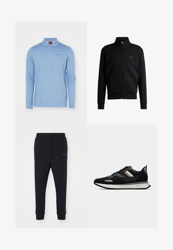 Sweatshirt preto com fecho e colar alto, punhos canelados e bolsos laterais. Apresenta um discreto logótipo "BOSS" no lado esquerdo do peito. Tecido suave.; Camisola polo de manga longa em algodão azul claro. Apresenta um colarinho clássico, fechamento com dois botões e um pequeno emblema no peito.; Calças de fato pretas feitas de material macio, com uma cintura elástica, cordão e pernas ajustadas. Apresenta um pequeno logotipo de lado.; Shoe de corrida preto com uma superfície texturizada, detalhes cinza claro e três riscas horizontais em castanho. Apresenta uma sola branca acolchoada.