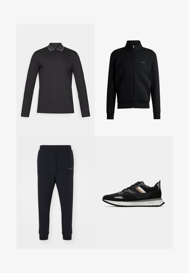 Sweatshirt preto com fecho e colar alto, punhos canelados e bolsos laterais. Apresenta um discreto logótipo "BOSS" no lado esquerdo do peito. Tecido suave.; Polo de manga longa em preto, com colarinho cinza, abertura com botão e discreta marca "BOSS" no peito. Tecido suave.; Calças de fato pretas feitas de material macio, com uma cintura elástica, cordão e pernas ajustadas. Apresenta um pequeno logotipo de lado.; Shoe de corrida preto com uma superfície texturizada, detalhes cinza claro e três riscas horizontais em castanho. Apresenta uma sola branca acolchoada.