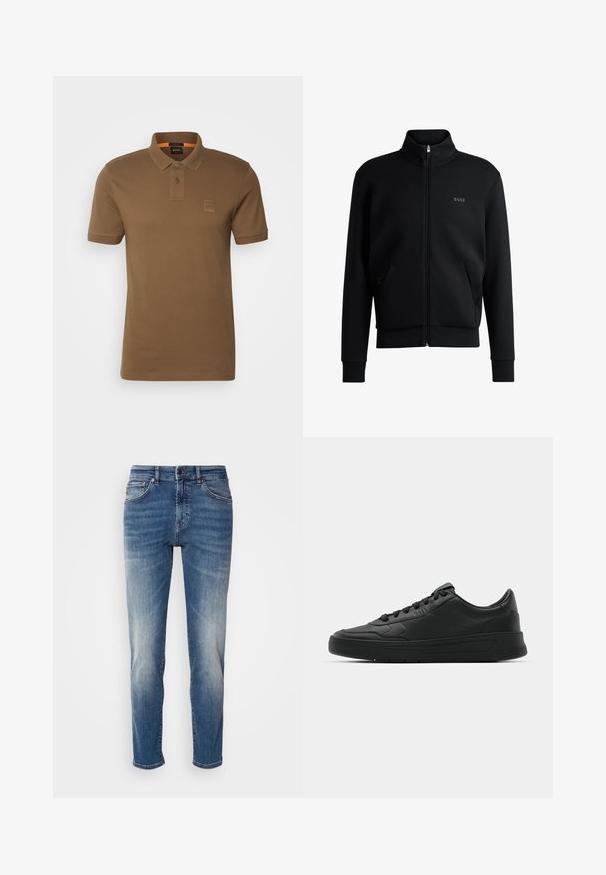 Svart zip-up sweatshirt med hög krage, ribbade manschetter och sidofickor. Har en diskret "BOSS"-logotyp på vänster bröst. Slätt tyg.; BOSS PASSENGER - Piké - open brown; Blå denimjeans med rak ben design, ljus blekning, klassisk femfickdesign och dragkedja med knäppning.; Svart sneaker med slät läderöverkänsla, rund tå, platta snören, vadderad krage och minimalistisk design. Gummisula med subtilt mönster.