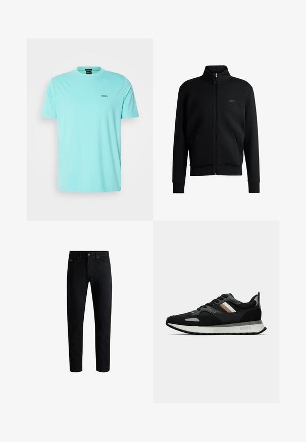 Hanorac negru cu fermoar, cu guler înalt, manșete cu striație și buzunare laterale. Prezintă un logo discret "BOSS" pe pieptul stâng. Material neted.; BOSS TEE - Tricou basic - turquoise; Jeans negri slim-fit cu cinci buzunare, închidere cu nasture și bucle pentru curea, expuși pe un fundal alb.; Adidași de alergare negri cu o suprafață texturată, accente gri aprins și trei dungi orizontale maro. Dispun de o talpă albă pufoasă.