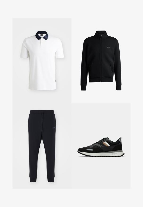 Čierna mikina na zips s vysokým golierom, elastickými manžetami a bočnými vreckami. Obsahuje jemné logo "BOSS" na ľavej hrudi. Hladká tkanina.; BOSS PHILLIPSON - Polokošeľa - white; Čierne tepláky vyrobené z mäkkého materiálu s elastickým pásom, šnúrkou na stiahnutie a zúženými nohavicami. Obsahujú malé logo na boku.; Čierna bežecká obuv s textúrovaným povrchom, svetlošedými akcentmi a tromi horizontálnymi pruhmi v hnedej farbe. Obsahuje bielu polstrovanú podrážku.