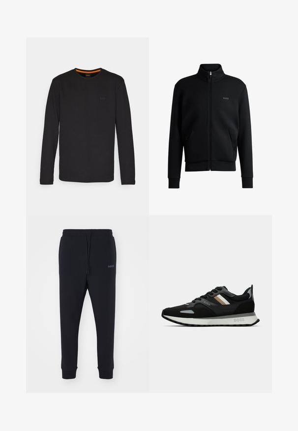 Črna zip-up pulover s visokim ovratnikom, rebrastimi manšetami in stranskimi žepi. Ima subtilno logo "BOSS" na levem prsnem delu. Gladka tkanina.; Črni dolg rokav T-maica iz gladkega blaga, z okroglim izrezom in majhnim embosiranim logotipom na prsih ter oranžnim poudarkom znotraj ovratnika.; Črne trenirke iz mehkega materiala z elastičnim pasom, vrvico in zoženimi nogami. Imajo majhen logotip na strani.; Črne tekaške čevlje z teksturirano površino, svetlo sivi poudarki in tremi vodoravnimi črtami v rjavi barvi. Imajo belo oblazinjeno podplat.