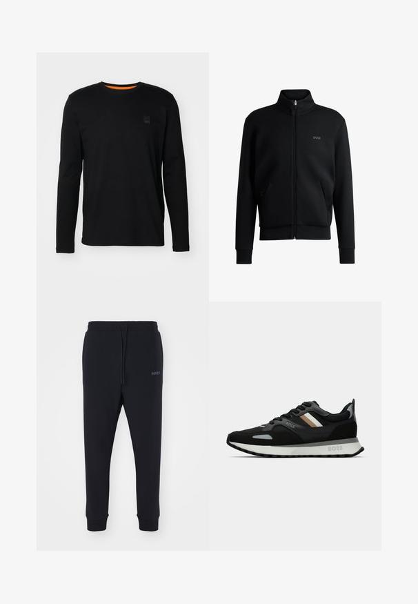 Μαύρο φερμουάρ φούτερ με υψηλό λαιμό, ριγωτούς καρπούς και πλαϊνές τσέπες. Διαθέτει μια διακριτική λογότυπο "BOSS" στο αριστερό στήθος. Λείο ύφασμα.; Μαύρο μακρυμάνικο πουκάμισο από βαμβάκι, με στρογγυλή λαιμόκοψη, ραμμένο στρίφωμα και μικρή μαύρη ετικέτα λογότυπου στο στήθος.; Μαύρες φόρμες από μαλακό υλικό με ελαστική μέση, κορδόνι και κνήμες που στενεύουν. Διαθέτουν ένα μικρό λογότυπο στο πλάι.; Μαύρο αθλητικό παπούτσι με υφασμάτινη επιφάνεια, ανοιχτό γκρι λεπτομέρειες και τρεις οριζόντιες ρίγες σε καφέ χρώμα. Διαθέτει λευκή μαλακή σόλα.