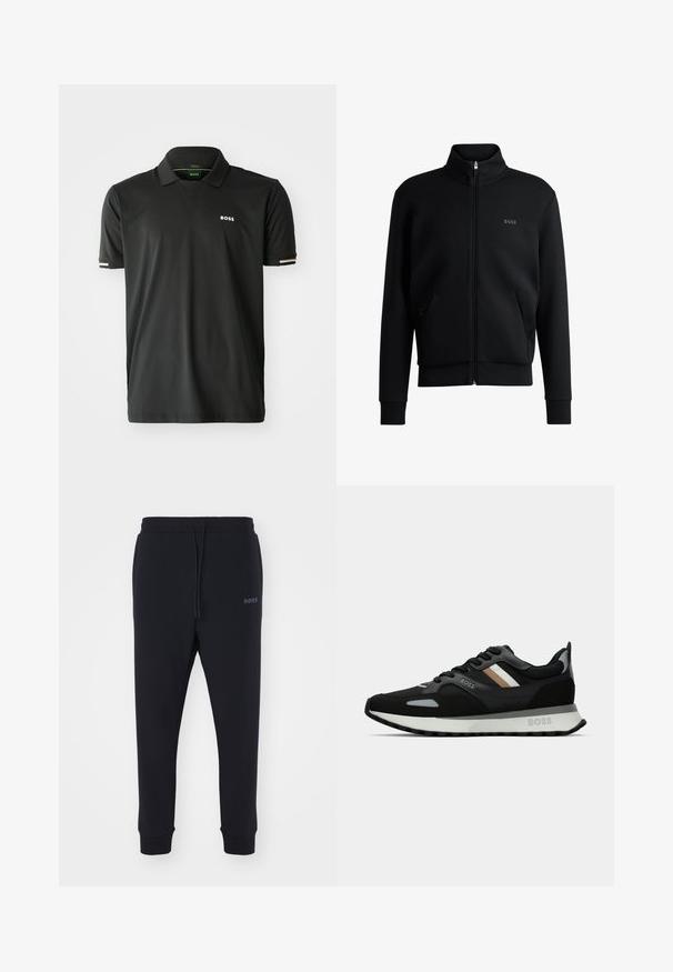 Črna zip-up pulover s visokim ovratnikom, rebrastimi manšetami in stranskimi žepi. Ima subtilno logo "BOSS" na levem prsnem delu. Gladka tkanina.; Črna polo majica iz teksturiranega materiala, z V-izrezom in kratkimi rokavi z belimi in zlatimi poudarki na manšetah. Logotip na prsih.; Črne trenirke iz mehkega materiala z elastičnim pasom, vrvico in zoženimi nogami. Imajo majhen logotip na strani.; Črne tekaške čevlje z teksturirano površino, svetlo sivi poudarki in tremi vodoravnimi črtami v rjavi barvi. Imajo belo oblazinjeno podplat.