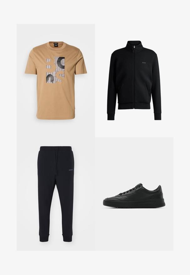 Melns zip-up džemperis ar augstu apkakli, ribotām aprocēm un sānu kabatām. Uz kreisā krūša ir smalks "BOSS" logo. Gluda auduma.; Bēžs īsām piedurknēm T-krekls ar melnām un baltām rakstu blokā burtiem, kas uzrakstīti "BOSS" uz priekšpuses.; Melnas sporta bikses, izgatavotas no mīksta materiāla ar elastīgu jostasvietu, auklu un sašaurinātām kājām. Iekļauta arī maza emblēma sānos.; Melnās kedas ar gludu ādas augšpusi, apaļu purngalu, plakaniem šņorēm, mīkstinātu apkakli un minimālistisku dizainu. Gumijas zole ar smalku rakstu.
