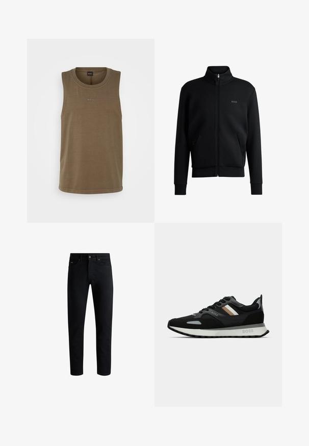 Schwarze Zip-up-Pulloverjacke mit hohem Kragen, gerippten Bündchen und Seitentaschen. Verfügt über ein dezentes "BOSS"-Logo auf der linken Brust. Glatter Stoff.; Brauner ärmelloser Tanktop aus Baumwolle. Hat einen Rundhalsausschnitt und ein zentrales Logo. Glatte Textur mit lockerer Passform.; Schwarze Slim-Fit-Jeans mit fünf Taschen, Knopfverschluss und Gürtelschlaufen, vor einem weißen Hintergrund präsentiert.; Schwarzer Laufschuh mit strukturiertem Obermaterial, hellgrauen Akzenten und drei horizontalen Streifen in Braun. Verfügt über eine weiße, gepolsterte Sohle.