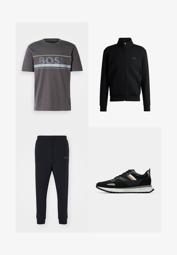 Must-haves mustaja tõmblukkidega kapuutsiga dressipluus, ribakäiste ja küljetaskutega. Vasakul rinnal on peen "BOSS" logo. Sile kangas.; Hallhallane puuvillane T-särk ümarate kraevariantidega. Suurel "BOSS" logol on tumehall värv, millel on kollased ja sinised horisontaalsed triibud.; Mustad mustad, pehmeast materjalist, elastse vöökohtadega, nööridega ja kitsenevate jalgadega. Küljel on väike logo.; Mustmustreen jooksujalats, millel on tekstuuriga pind, helesinised aktsendid ja kolm horisontaalset triipu pruunis. Omab valget pehmendatud tallat.