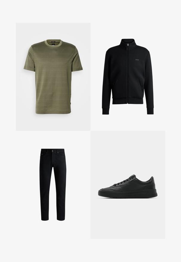 Svart zip-up sweatshirt med hög krage, ribbade manschetter och sidofickor. Har en diskret "BOSS"-logotyp på vänster bröst. Slätt tyg.; Olivgrön, texturerad kortärmad T-shirt med rund hals och subtilt horisontellt mönster, uppställd på en enkel vit bakgrund.; Svarta slim-fit jeans med fem fickor, knäppning med knapp och bälteshällor, visade mot en vit bakgrund.; Svart sneaker med slät läderöverkänsla, rund tå, platta snören, vadderad krage och minimalistisk design. Gummisula med subtilt mönster.