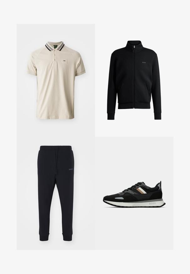 Must-haves mustaja tõmblukkidega kapuutsiga dressipluus, ribakäiste ja küljetaskutega. Vasakul rinnal on peen "BOSS" logo. Sile kangas.; Beige polo särk, millel on soonikkoes must-valge krae, esiküljel must logo ja tasku. Valmistatud siledast puuvillakangast.; Mustad mustad, pehmeast materjalist, elastse vöökohtadega, nööridega ja kitsenevate jalgadega. Küljel on väike logo.; Mustmustreen jooksujalats, millel on tekstuuriga pind, helesinised aktsendid ja kolm horisontaalset triipu pruunis. Omab valget pehmendatud tallat.