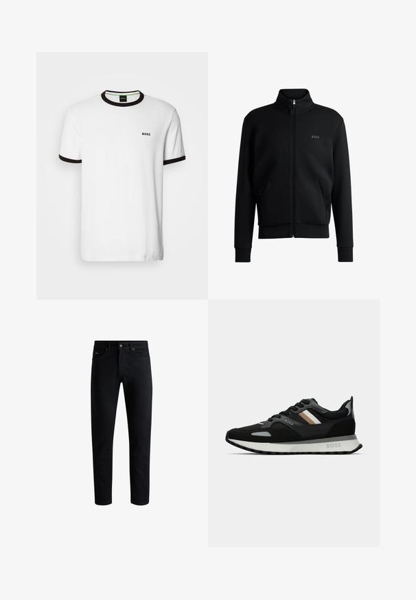 Sudadera negra con cremallera y cuello alto, puños acanalados y bolsillos laterales. Presenta un discreto logo "BOSS" en el lado izquierdo del pecho. Tejido suave.; Camiseta blanca de manga corta con cuello y puños de canalé negros, que presenta un pequeño logo negro de "BOSS" en el pecho. Material suave de algodón.; Vaqueros ajustados negros con cinco bolsillos, cierre de botón y trabillas para cinturón, exhibidos sobre un fondo blanco.; Zapatilla de running negra con superficie texturizada, acentos en gris claro y tres rayas horizontales en marrón. Presenta una suela blanca acolchada.