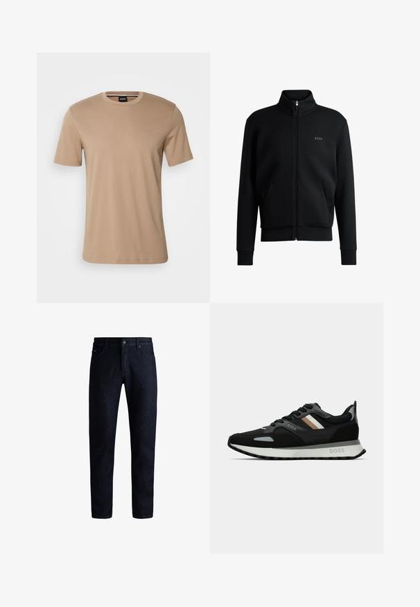 Černá mikina na zip s vysokým límcem, žebrovanými manžetami a bočními kapsami. Na levé straně hrudi je diskrétní logo "BOSS". Hladká tkanina.; Béžové tričko s krátkým rukávem vyrobené z hladké bavlny, s kulatým výstřihem a decentním logem značky na hrudi. Jednoduchý a minimalistický design.; Tmavě modré denimové džíny s klasickým pětikapsovým designem, rovný střih nohavic a jemnou texturu. Kovové zapínání na knoflík v pase.; Černá běžecká obuv s texturovaným povrchem, světle šedými akcenty a třemi vodorovnými pruhy v hnědé. Obsahuje bílou polstrovanou podešev.