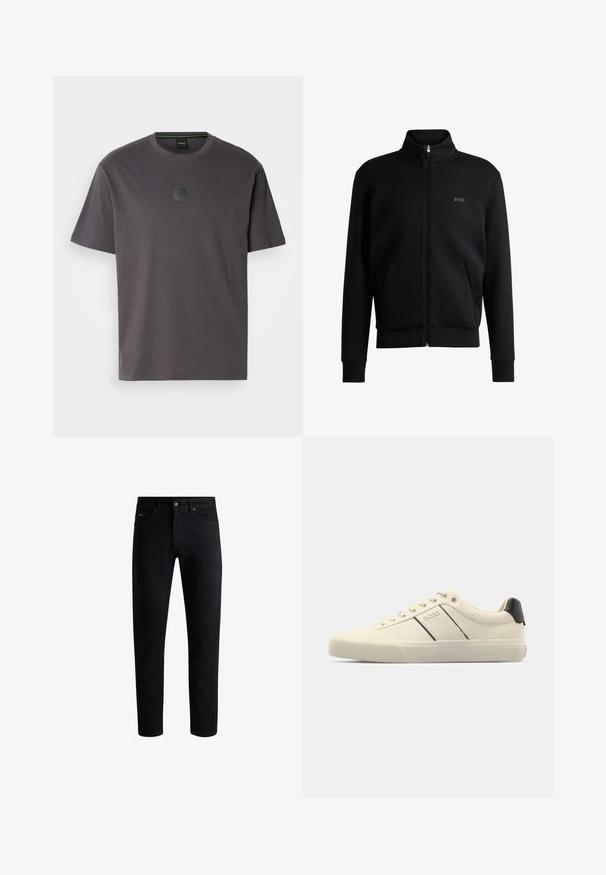 Hanorac negru cu fermoar, cu guler înalt, manșete cu striație și buzunare laterale. Prezintă un logo discret "BOSS" pe pieptul stâng. Material neted.; Tricou gri din bumbac, cu mâneci scurte și guler rotund. Prezintă un logo hexagonal texturat pe piept. Design simplu și casual.; Jeans negri din denim cu croială dreaptă, design cu cinci buzunare, închidere cu botton metalic și cusături subtile pe margini.; Adidași de culoare crem cu o textură netedă, având accente și branding negre. Design clasic cu șireturi, cu vârful rotund și talpă de cauciuc.