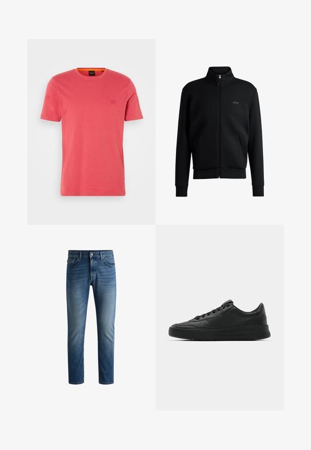 Must-haves mustaja tõmblukkidega kapuutsiga dressipluus, ribakäiste ja küljetaskutega. Vasakul rinnal on peen "BOSS" logo. Sile kangas.; Koraline puuvillane t-särk ümmarguse kaeluse, lühikeste varrukate ning väikese reljeefsete logoga vasakul rinnal. Sile tekstuur ja mugav lõige.; Tumedat sinised teksad sirge lõikega, viie tasku disainiga, kerge kulumisjälgiga reites ja ühekordse nööbiga vöökohtadel.; Mustmustel musta nahast ülemise osaga, ümmarguse varbaga, lamest paeltega, pehmendatud kaeluse ja minimalistliku disainiga. Kummist tald, millel on peen tihenemine.