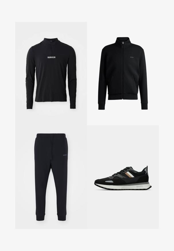 Fekete zipzáras kapucnis pulóver magas gallérral, bordázott mandzsettákkal és oldalsó zsebekkel. Diszkrét "BOSS" logó található a bal melbimen. Simább anyag.; Fekete, hosszú ujjú felső magas gallérral, negyed cipzárral és a mellen fekvő fehér "CALVIN KLEIN" logóval. Sima, rugalmas anyag.; Fekete melegítőnadrág, puha anyagból, elasztikus derékkal, zsinórral és szűkülő lábakkal. Oldalt egy kis logó található.; Fekete futócipő, texturált felülettel, világosszürke díszítésekkel és három északi csíkkal barnában. Fehér párnázott talpával rendelkezik.