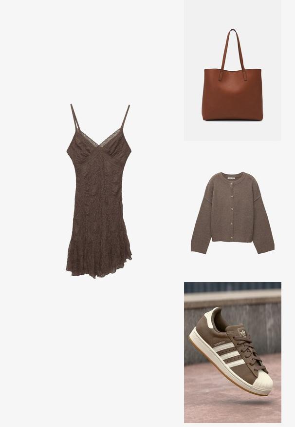 Brauner gestrickter Cardigan mit rundem Ausschnitt, langen Ärmeln und einfacher Knopfleiste mit vier beigen Knöpfen. Strukturierter Stoff.; Braunes Spitzen-Camisole-Kleid mit dünnen Trägern, V-Ausschnitt, strukturiertem Stoff und rüschengesäumtem Saum. Zarte Blumenmuster durch den gesamten Stoff.; Braune Wildleder-Sneaker mit weißen Streifen, crèmefarbenen Akzenten und einer Gummischale an der Zehe. Verfügt über ein Schnürdesign und eine strukturierte Gummisohle.; Braune Leder-Tote mit glatter Textur, offenem Oberteil und zwei Schulterriemen. Verfügt über minimale Nähte und keine sichtbaren Beschläge.