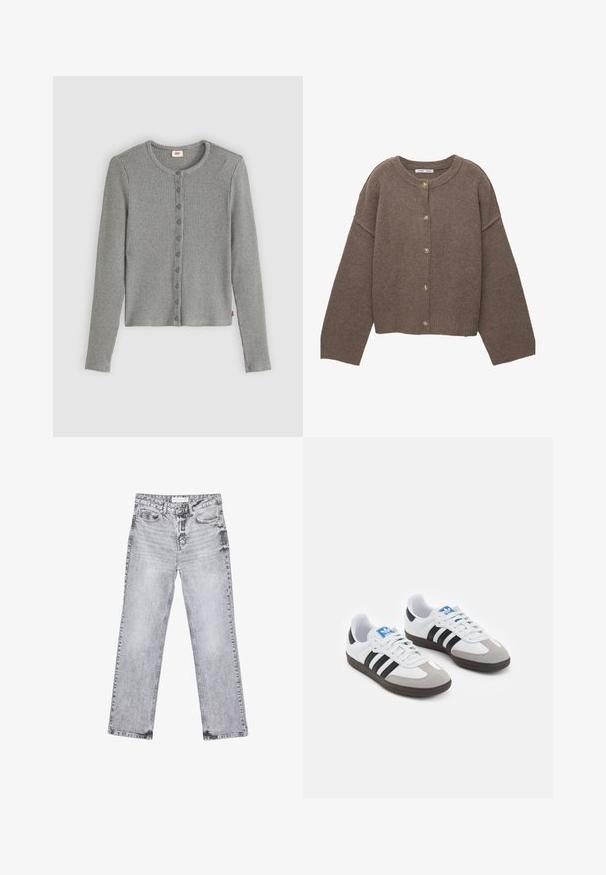Brown knitted cardigan featuring a rounded neckline, long sleeves, and front button closure with four beige buttons. Textured fabric.; Gray ribbed cardigan with long sleeves, round neckline, and button front closure. Soft texture with a fitted shape and subtle branding tag.; Gray denim jeans with a straight-leg cut, distressed detailing, five pockets, and copper rivets.  Waistband features a logo tag.; Sport shoes with a white leather upper, gray suede toe, and three black stripes. Features a blue logo on the tongue and a textured rubber sole.
