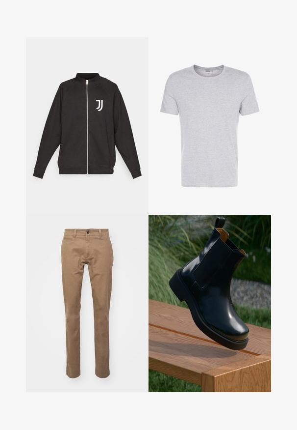 Black zip-up sweatshirt made of textured fabric. Features raglan sleeves, high collar, and a white Juventus logo on the chest.; Gray cotton t-shirt with a crew neck, short sleeves, and a plain design, featuring a soft, smooth texture and no visible patterns or embellishments.; DOCKERS ALPHA SKINNY - Chinos - brown; Black leather chelsea boot with smooth finish, elastic side panels, rounded toe, and thick rubber sole, positioned above a wooden surface.