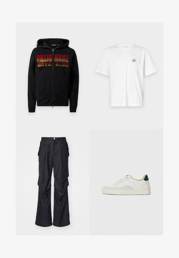 Juodas zip-up džemperis su raišteliu ant kapučino. Priekyje matomas išraiškingas, daugiakampis "Billionaire Boys Club" tekstas. Medžiaga atrodo minkšta ir tekstūruota.; Balta medvilninė marškinėlių, su trumpomis rankovėmis, apykaklė nei per aukšta, nei per žema, ir mažas pilkas logotipas kairėje krūtinės pusėje. Lygi tekstūra.; Juodos dryžuotos kelnės su plačiomis kojomis, turinčiomis raukšles, šonines kišenes ir priekiniu užsegimu mygtuku. Lygi tekstūra.; Baltos sportbačiai su zomšos akcentais, apvaliu nosiu, plokščiais raišteliais ir kreminės spalvos guminiu padu. Ant kulno yra žalia ženklinimo detalė.