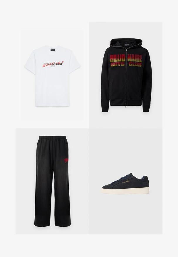 Hanorac negru cu fermoar și glugă cu șnur. Partea din față are un text îndrăzneț, multicolor, "Billionaire Boys Club". Materialul pare moale și texturat.; Tricou alb din bumbac cu mâneci scurte, având un imprimeu grafic negru și corai. Textul spune: "THE KOOPLES? CE?" și "PARIS."; Pantaloni de trening negri cu elastic la talie și buzunare laterale. Prezintă logo-ul roșu "Billionaire Boys Club" pe coapsa dreaptă. Textură moale și netedă.; Adidași cu talpă joasă din suede bleumarin, cu talpă albă, șireturi bleumarin și logo-ul 'Filling Pieces' în aur pe lateral.