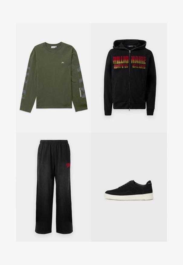 Melna rāvējslēdzēja kapuce ar auklu. Priekšpusē ir izteiksmīgs, daudzkrāsains "Billionaire Boys Club" uzraksts. Materiāls izskatās mīksts un ar tekstūru.; Oliņzaļš T-krekls ar garām piedurknēm, izgatavots no kokvilnas, ar nelielu baltu logo uz krūtīm un rakstainu pelēku akcentu uz piedurknēm.; Melni sporta bikses ar elastīgu jostasvietu un sānu kabatām. Labajā augšstilbā atrodas sarkans "Billionaire Boys Club" logo. Mīksta, gluda struktūra.; Melnas zamšas kedas ar auklām un kontrastējošu baltu gumijas zoli. Iekļauj teksturētas sānu panēles un diskretu zīmolu uz papēža.