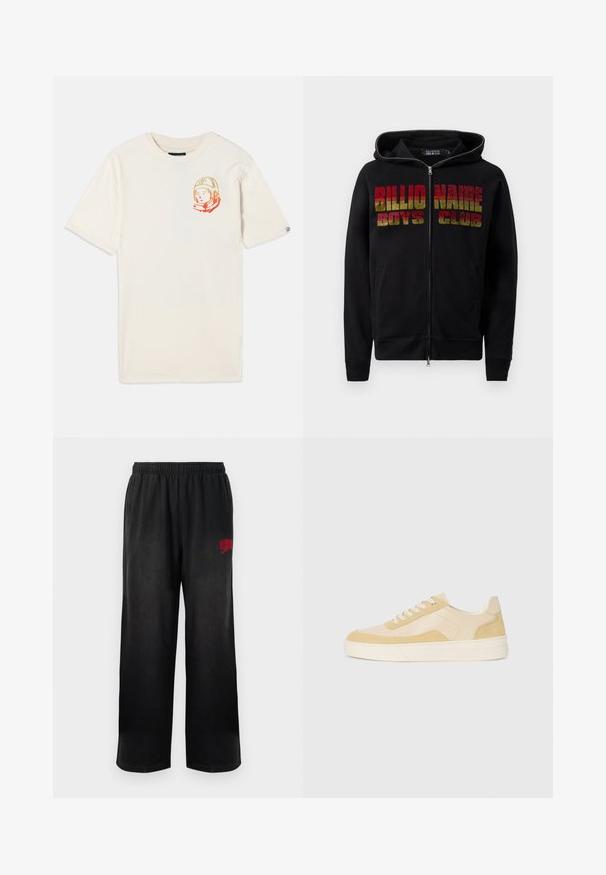 Juodas zip-up džemperis su raišteliu ant kapučino. Priekyje matomas išraiškingas, daugiakampis "Billionaire Boys Club" tekstas. Medžiaga atrodo minkšta ir tekstūruota.; Kremo spalvos medvilninis marškinėliai su trumpomis rankovėmis ir laisvu siluetu, su spalvinga astronauto grafika ant kairiojo krūtinės.; Juodi sportiniai šortai su elastingu juosmeniu ir šoninėmis kišenėmis. Dešiniajame šlaunyje yra raudonas "Billionaire Boys Club" logotipas. Minkšta, lygi tekstūra.; Šviesiai geltoni zomšiniai ir odiniai sportbačiai, turintys paminkštintą pado ir siuvinėtus akcentus. Klasikinis raištelių modelis su apvaliu pirštu.