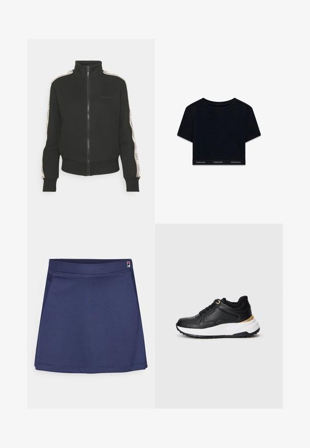 Črna zip-up jakna z visokim ovratnikom, ki ima kontrastne stranske črte in detajl logotipa spredaj. Narejena je iz mehkega, strukturiranega materiala.; Črni skrajšani majica iz mehkega materiala s kratkimi rokavi in okroglim izrezom. Ima blagovno znamko na robu z napisom "GUESS JEANS" v beli barvi.; Temno modra športna krila, izdelana iz raztegljive tkanine, z ravnim pasom in majhno etiketo z logotipom v zgornjem desnem kotu. Gladka tekstura.; Črne superge iz usnja z teksturiranim zaključkom, opremljene z belim srednjim podplatom, črnim podplatom in zlatim poudarkom na peti. Zavezovanje na vezalke.