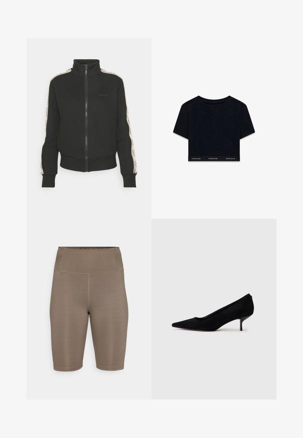 Fekete zipzáros dzseki magas gallérral, kontrasztos oldalsávokkal és logórészlettel az elülső részen. Puha, texturált anyagból készült.; Fekete, rövid ujjú, puha anyagból készült cropped póló. A szegélyén fehér "GUESS JEANS" márkás szalag található.; Barna biciklipanta, elasztikus anyagból, magas derékkal. Simás textúrával és lapos varratokkal rendelkezik a kényelem érdekében. Nincsenek látható logók vagy minták.; Fekete velúr magassarkú cipő hegyes orral és vékony, alacsony sarokkal. Simább textúrájú, letisztult dizájn, amelyen nincsenek látható fém alkatrészek.