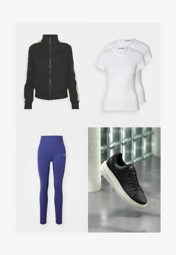 Chaqueta negra con cremallera y cuello alto, con rayas laterales contrastantes y detalle del logo en la parte frontal. Fabricada con material suave y texturizado.; Dos camisetas de algodón blancas con mangas cortas, escote redondo y silueta ajustada, que muestran una textura suave y un diseño minimalista.; Mallas de color azul marino hechas de material elástico, con una cinturilla ancha, textura suave y un discreto detalle del logo en la cadera.; Zapatillas bajas negras de Guess con suela blanca, cordones y marca en el lateral y la lengüeta, mostradas contra un fondo de pared de bloques de vidrio.