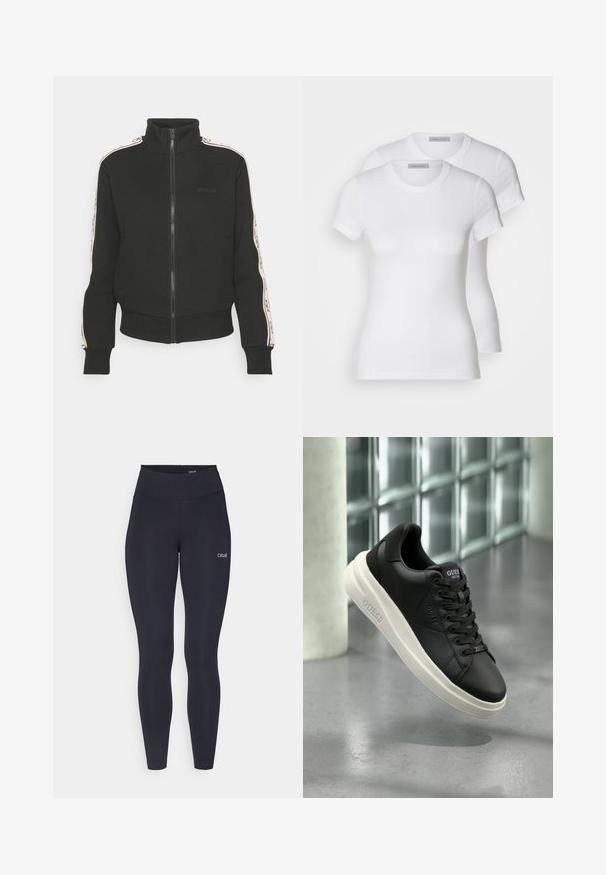 Sort zip-jakke med høj krave, prydet med kontrasterende sidelabber og logo-detalje på fronten. Fremstillet af blødt, tekstureret materiale.; To hvide bomulds t-shirts med korte ærmer, rund halsudskæring og en tætsiddende silhuet, der viser en glat tekstur og et minimalistisk design.; Sorte leggings med høj talje, lavet af strækbart stof, med et lille hvidt logo på låret og en glat overflade.; Sort lavtop Guess sneakers med hvid sål, snørebånd og branding på siden og tungen, præsenteret mod en baggrund af glasklossvæg.