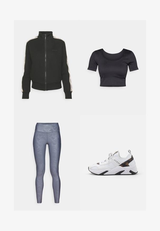 Juodas zip-up džemperis su aukštu apykakliu, su kontrastingomis šoninėmis juostelėmis ir logotipo detale priekyje. Pagamintas iš minkštos, tekstūruotos medžiagos.; Juodas raštuotas trumpas viršus su trumpomis rankovėmis, plačiu apvaliu iškirpimu ir prigludusia juosta apačioje. Minkšta tekstūra, laisvalaikio dizainas.; ONLY Play ONPJAM-2-SNAKE LIFE - Tamprės - grey; Baltos sportinės bateliai, pagaminti iš tinklinės ir sintetinės medžiagos, su juodais ir rudi akcentais, tekstūruotomis šoninėmis dalimis ir ryškiu logotipu. Guminis padas.