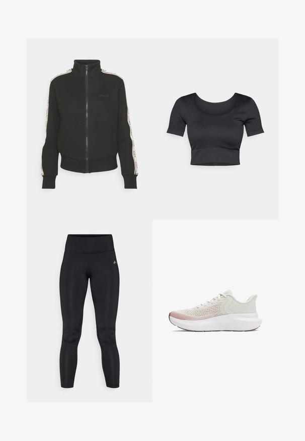 Must mustrine vetruppari kõrge kaelusega, millel on kontrastsed külgtriibud ja logo detail esiküljel. Valmistatud pehmest, tekstuurilisest materjalist.; Must have rõngaste ja lühikeste varrukatega must ribakujundusega topsi, millel on lai ümar dekoltee ja madal vöökoht. Pehme tekstuur, juhuslik disain.; Mustad leggings, mille pehme ja veniv materjal, kõrge vöökoht ja siledad õmblused. Pole nähtavaid mustreid ega metallosi.; Kerged sportlikud jalanõud hingava valge sissetöödeldud võrgu pealmise osaga, gradient roosa aktsendiga ja paksu valge tallaga, millel on tekstuuriga detailid.