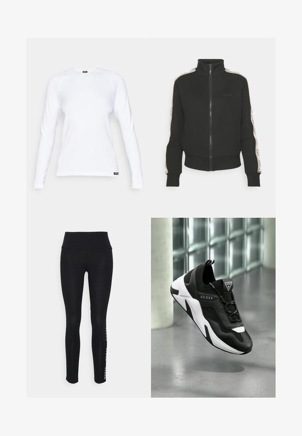 Mustat vetoketjullinen takki, jossa on korkea kaulus, ja joka sisältää kontrastivärisiä sivuraitoja sekä logoyksityiskohtia etuosassa. Valmistettu pehmeästä, teksturoidusta materiaalista.; Valkoinen pitkähihaisen paita, joka on valmistettu teksturoidusta kankaasta. Paidassa on pyöreä kaula-aukko ja raglan-hihat sekä pieni musta logotagi helman kohdalla.; Mustat legginsit korkealla vyötäröllä, valmistettu sileästä kankaasta. Sivulla on painettu brändin logo. Suunniteltu mukavuutta ja joustavuutta varten.; Mustat ja valkoiset urheilukengät, joissa on verkkopinta, tekstiilipinnoite ja hyvin näkyvä logo kielekkeellä. Kenkässä on pehmeä vaihto sole tukea varten.